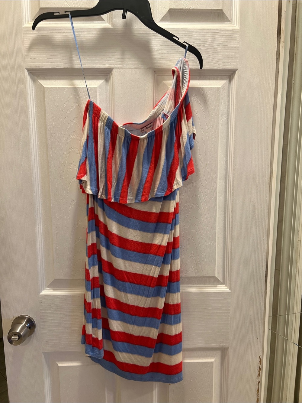 Striped One-Shoulder Ruffle Dress in Red, Blue & White